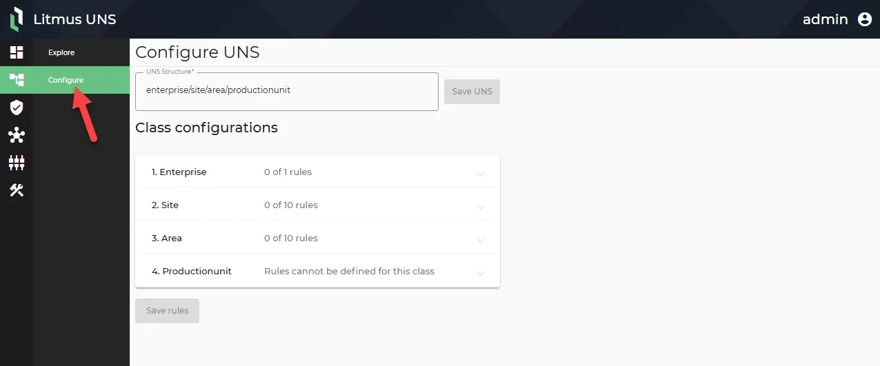 Configure UNS tab Configure UNS tab