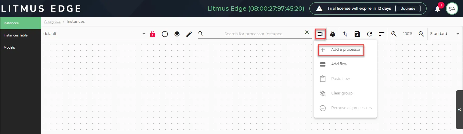 Action menu for Analytics canvas Action menu for Analytics canvas