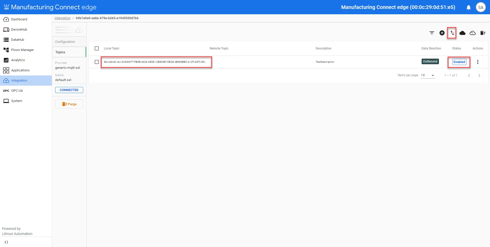 Default Generic MQTT SSL connector with enabled imported tag as topic
