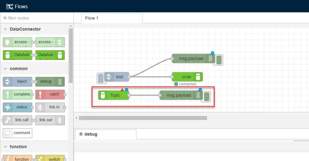 The DataHub Subscribe and debug nodes