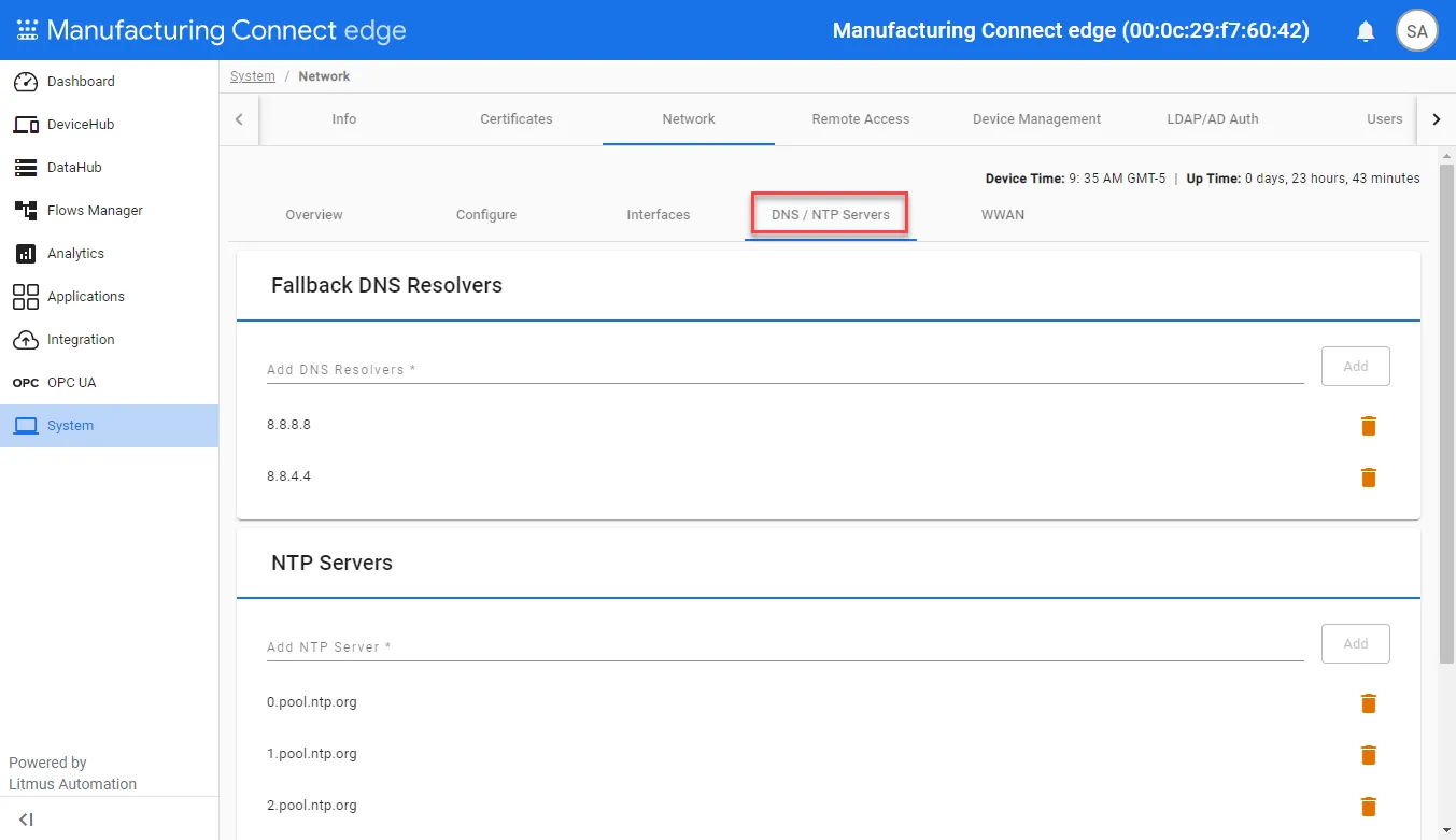 The DNS / NTP Servers tab