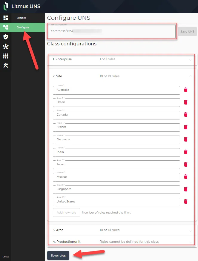Configure UNS tab Configure UNS tab
