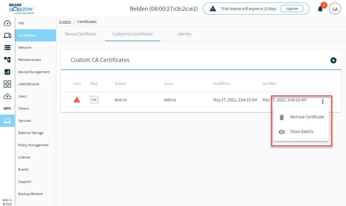 Action menu for a Custom CA Certificate Action menu for a Custom CA Certificate