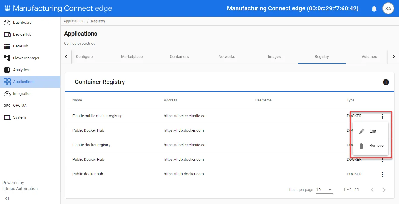Action menu for registries 