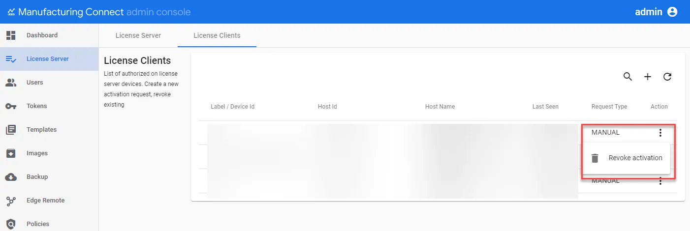 Action menu for an activation request for a license server device