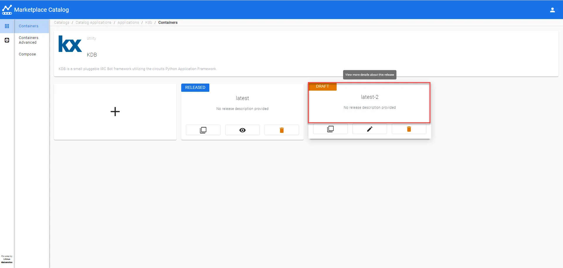 Newly created application release tile [latest-2 is example]