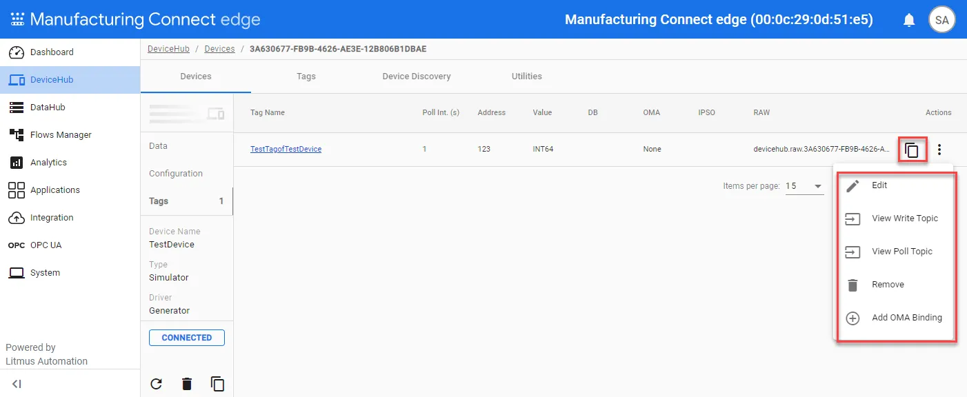 Copy icon and Action menu for device tags