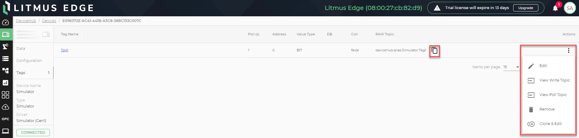 The Action menu for Device tags
