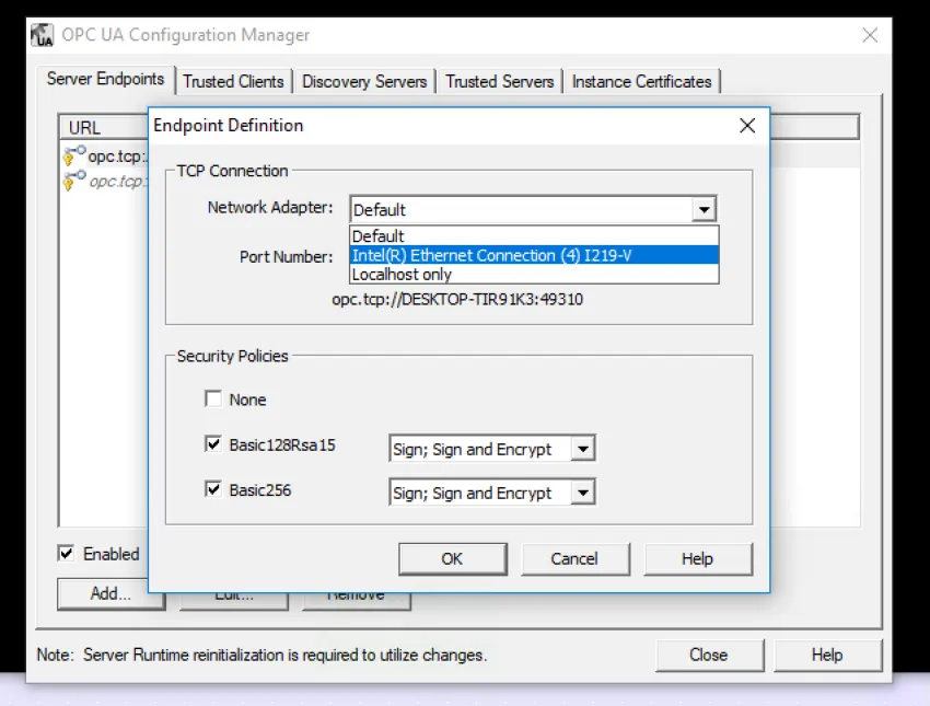 Setting Network Adapter for OPC UA Configuration Maanager Setting Network Adapter for OPC UA Configuration Maanager
