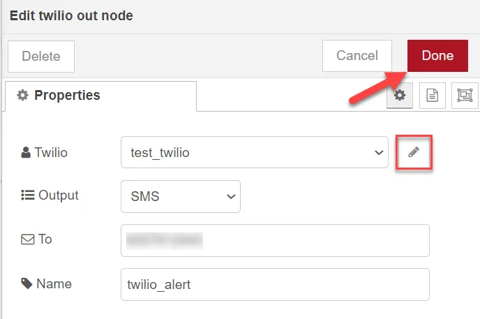 Edit twilio out node dialog box Edit twilio out node dialog box