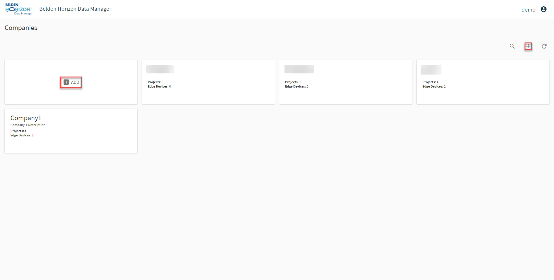 Belden Horizon Data Manager User UI: Company List: Add Belden Horizon Data Manager User UI: Company List: Add