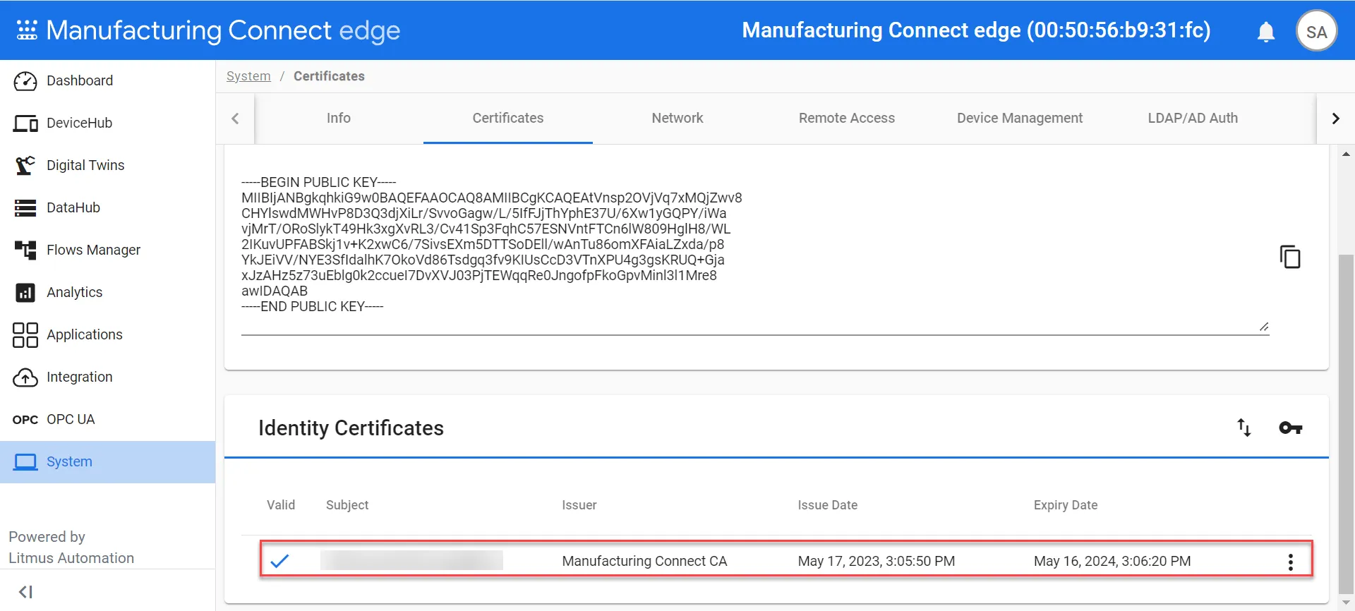 Identity Certificate issued by Manufacturing Connect Edge Identity Certificate issued by Manufacturing Connect Edge