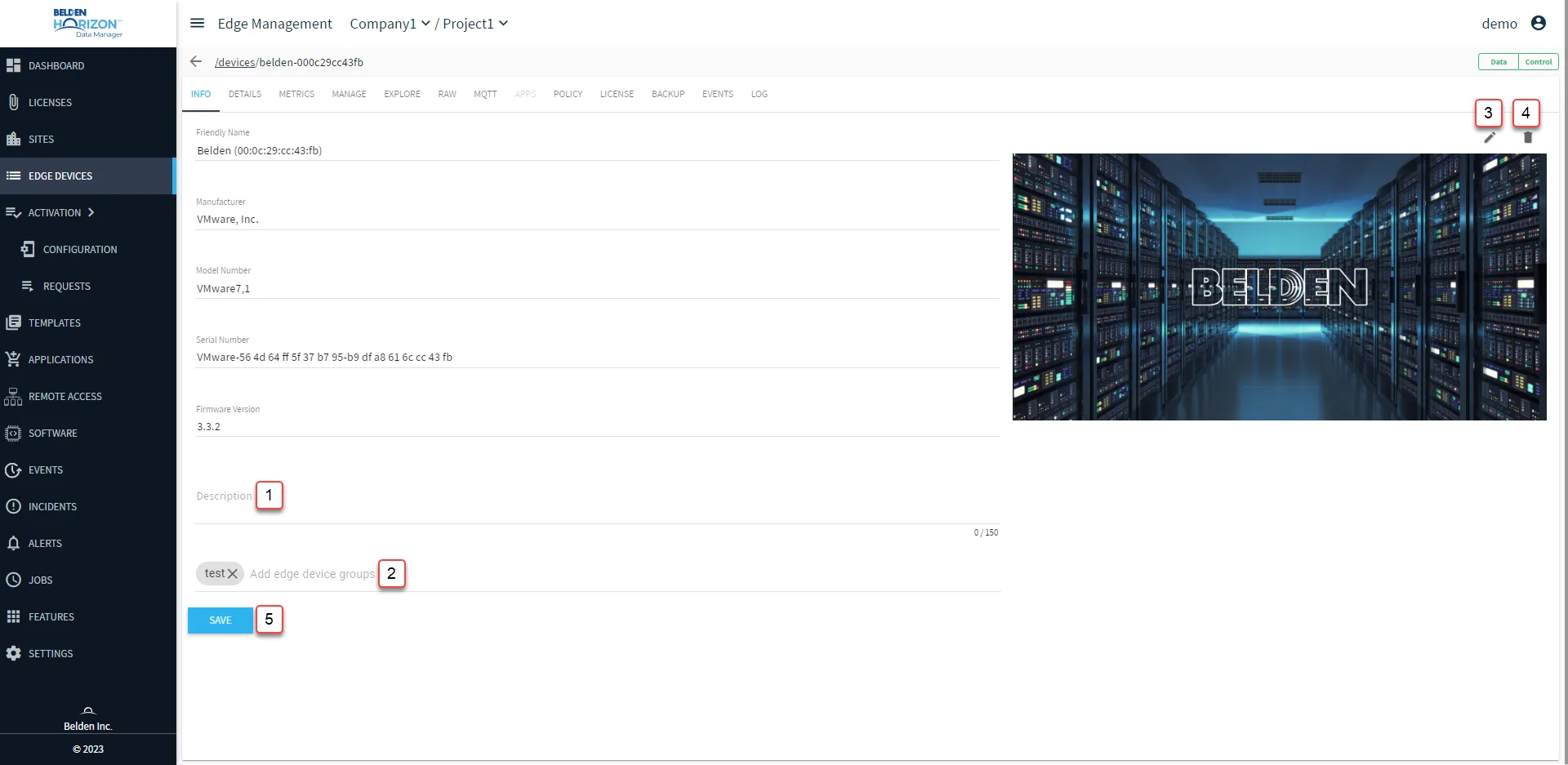 Belden Horizon Manager User UI : Edge Device Details : Info tab 
