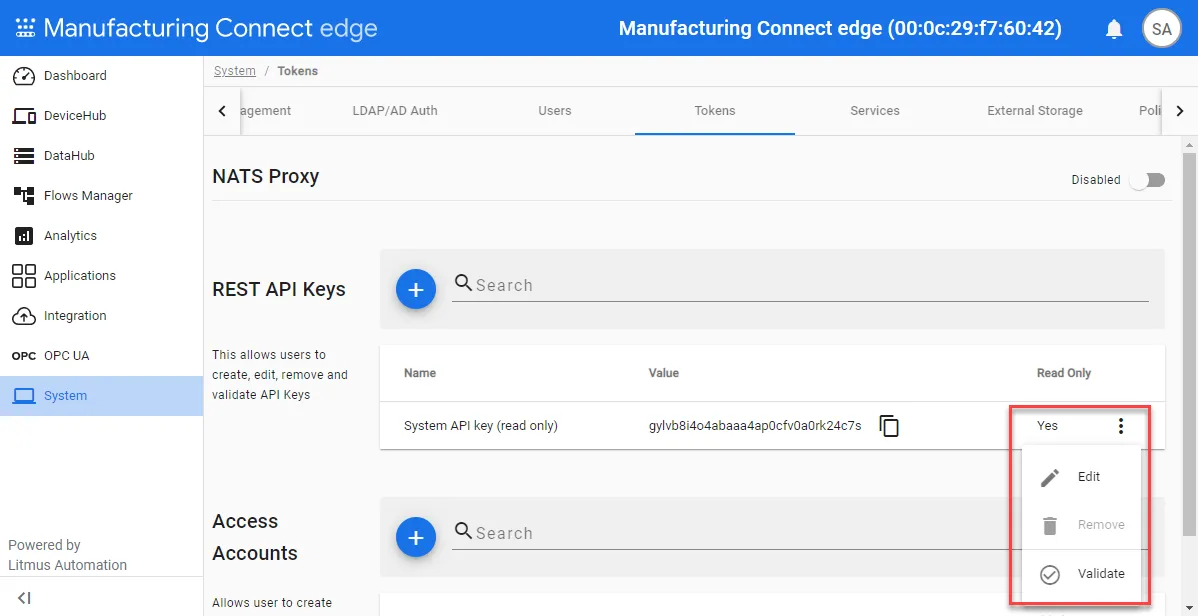 Action menu for API tokens