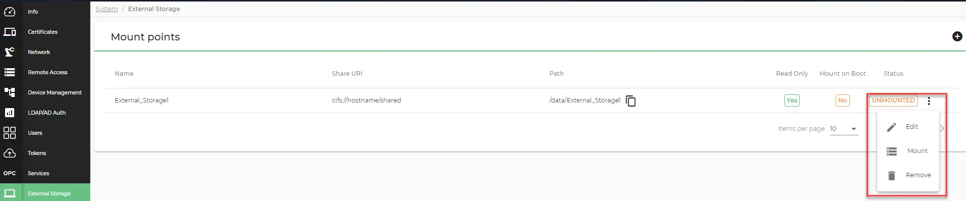 The action menu for a mount point