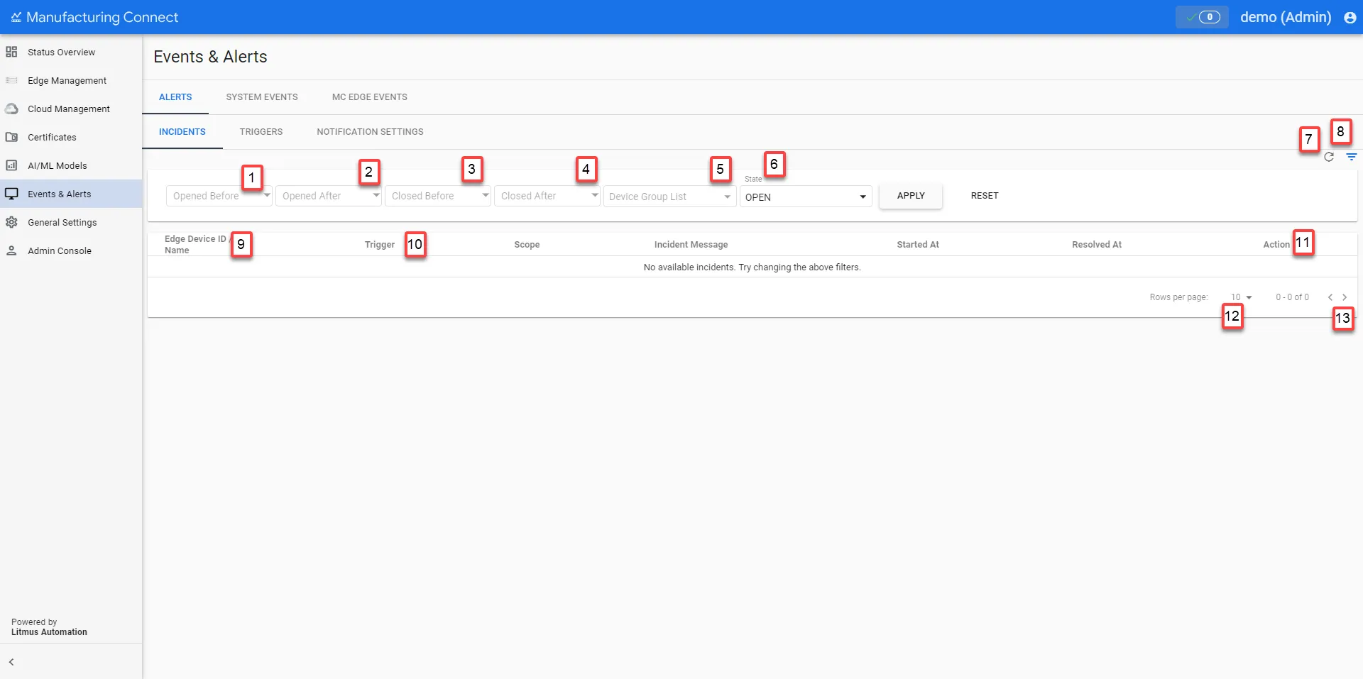 Manufacturing Connect User UI : Events & Alerts : Incidents Manufacturing Connect User UI : Events & Alerts : Incidents
