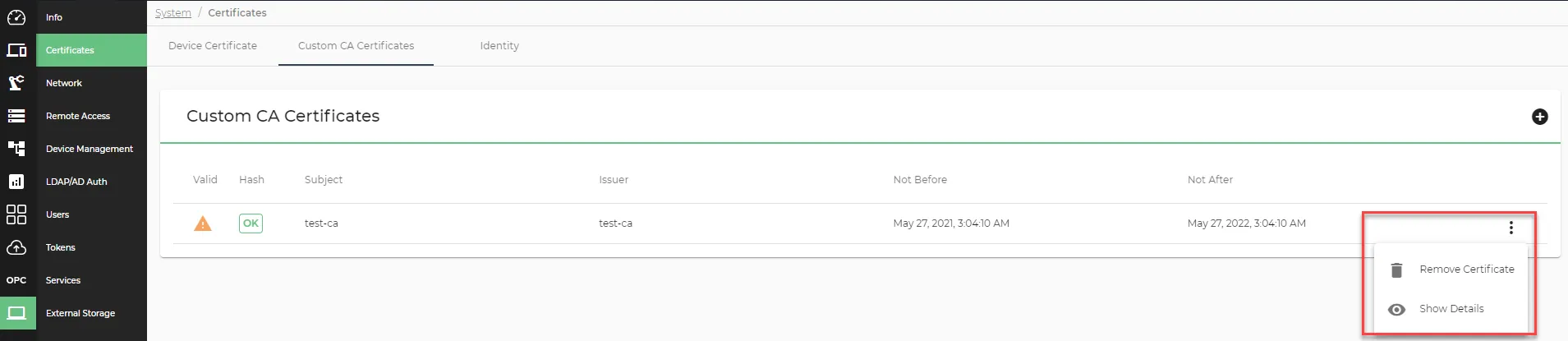Action menu for a custom certificate