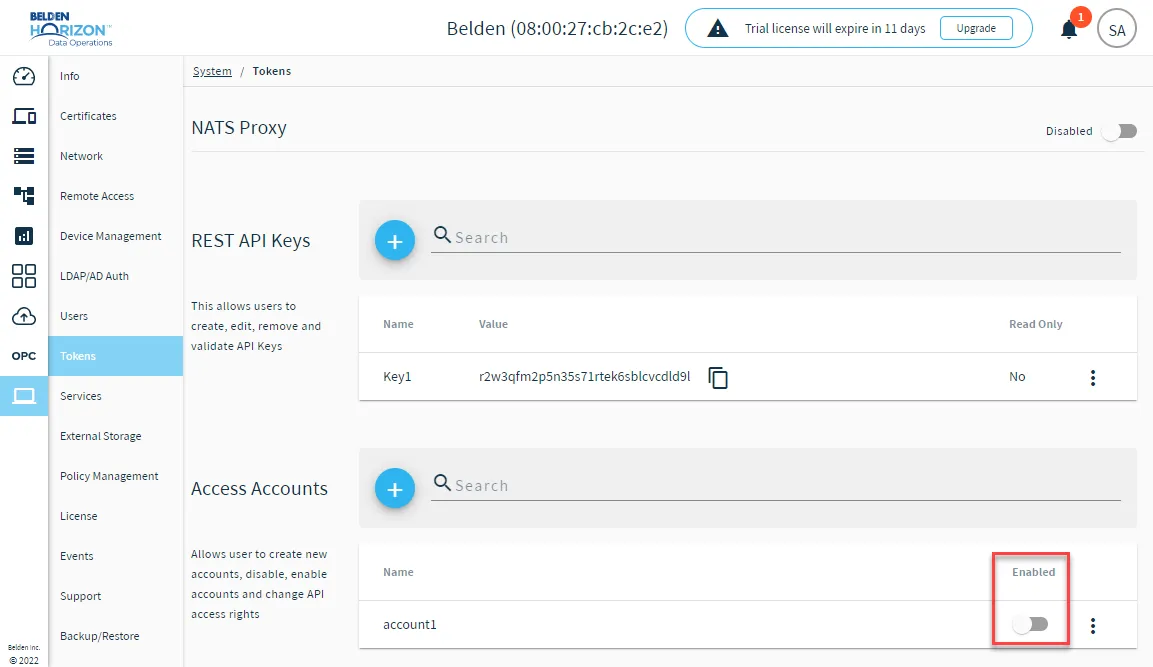 The Enabled toggle for REST API accounts The Enabled toggle for REST API accounts
