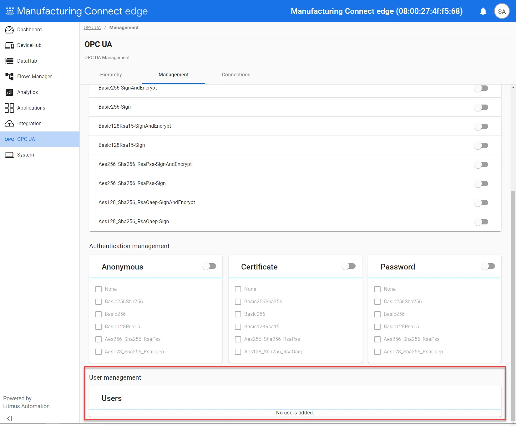 User management pane