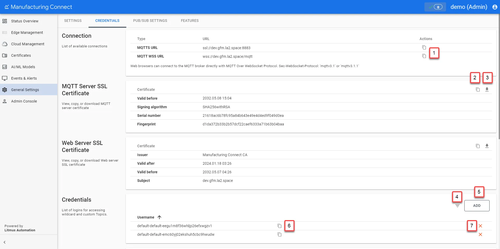Manufacturing Connect User UI : General Settings : Credentials tab 1/2