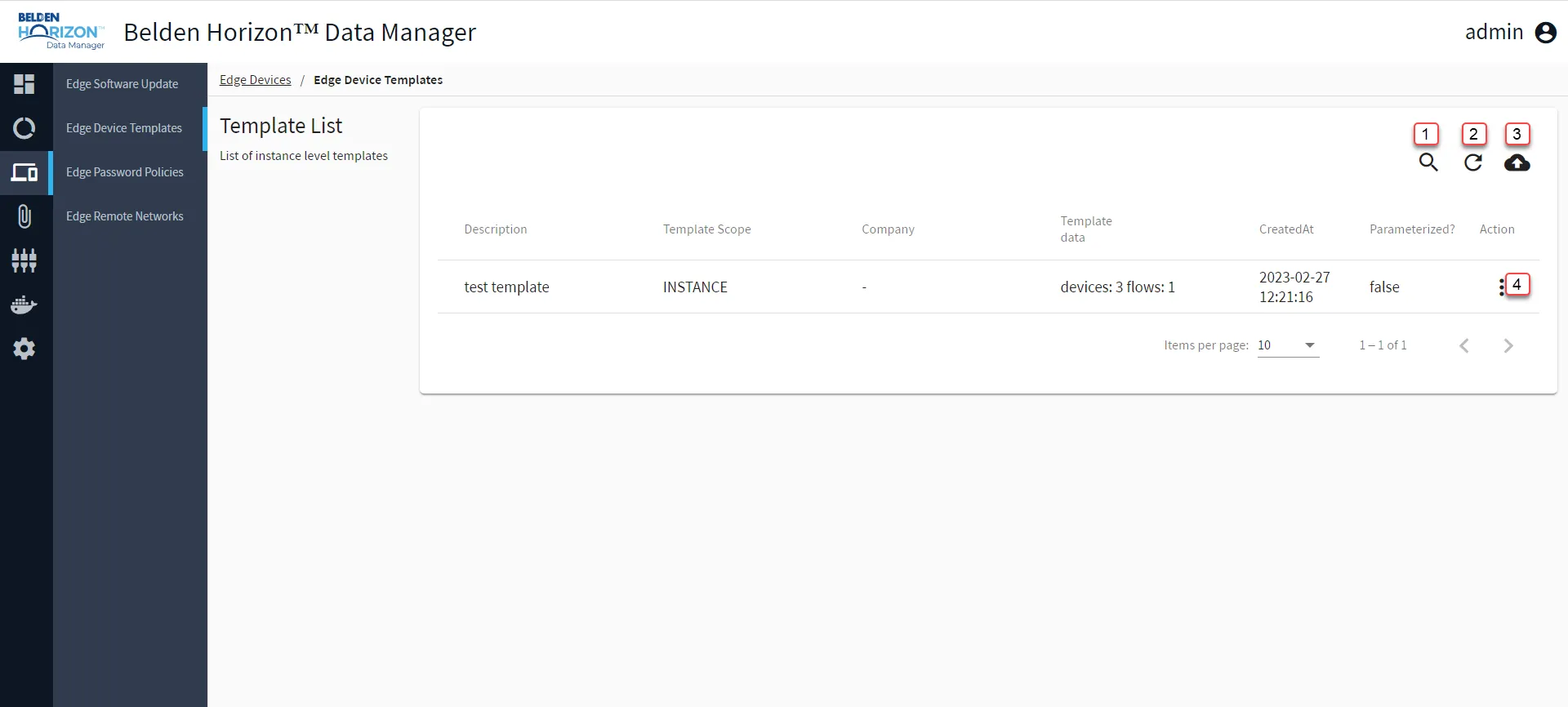 Belden Horizon Data Manager Admin Console: Edge Template List
