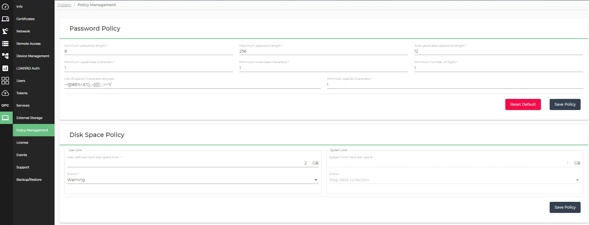 The Policy Management pane