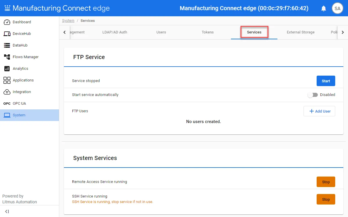 System Services pane
