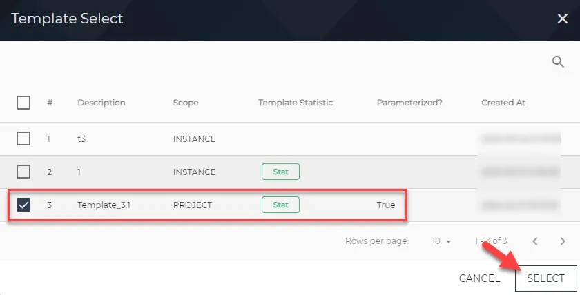 Template Select dialog box