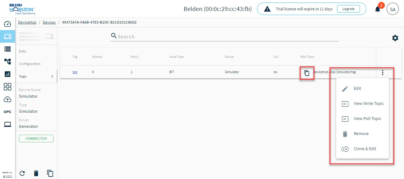 The Action menu for Device tags