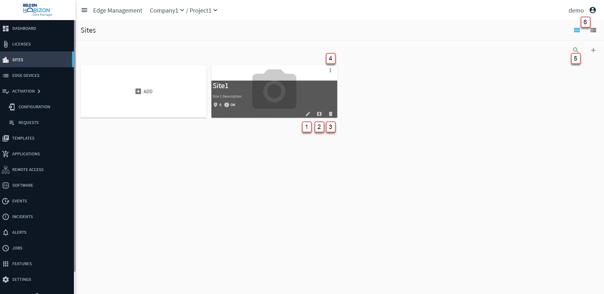 Belden Horizon Data Manager User UI: Site