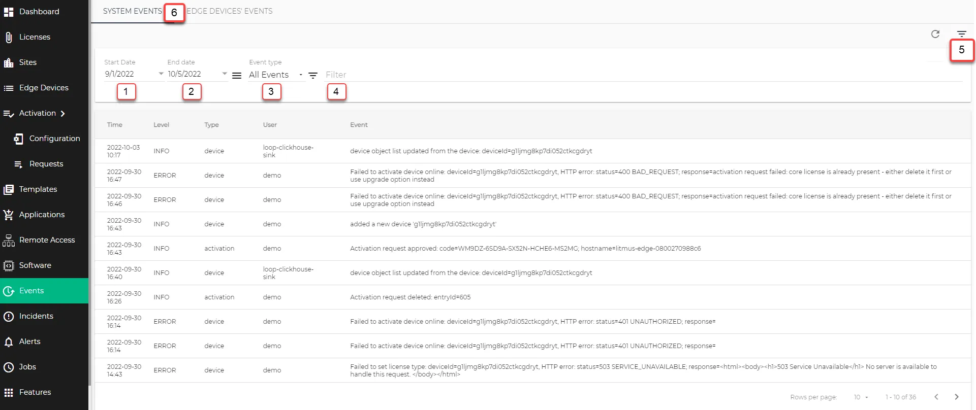 Events [Project View]: System Events tab