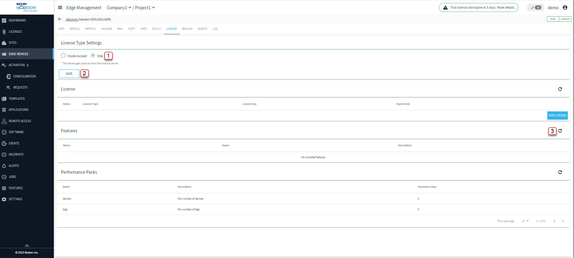 Belden Horizon Data Manager User UI : Edge Device Details : License tab Belden Horizon Data Manager User UI : Edge Device Details : License tab