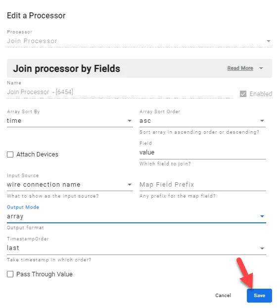 Join Processr dialog box with Array Output