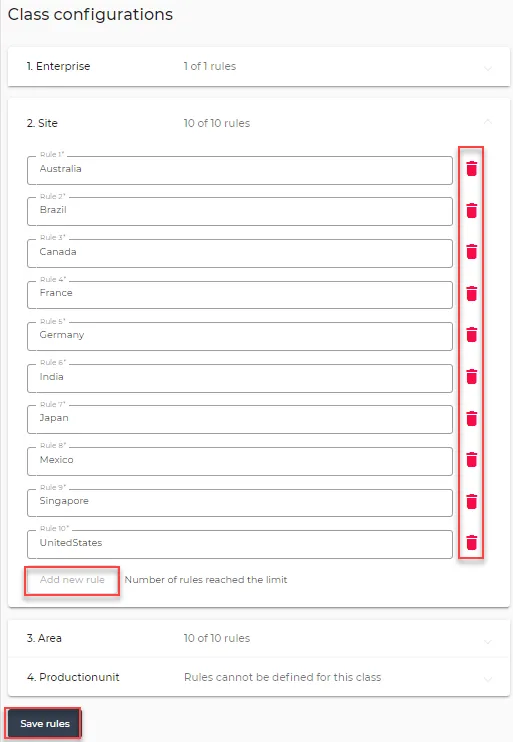 Class configurations pane Class configurations pane
