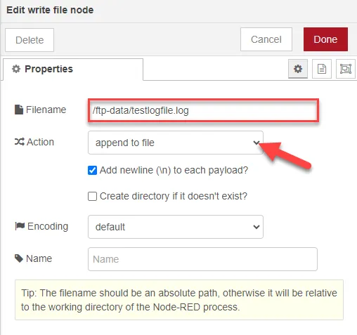 Edit write file node dialog box