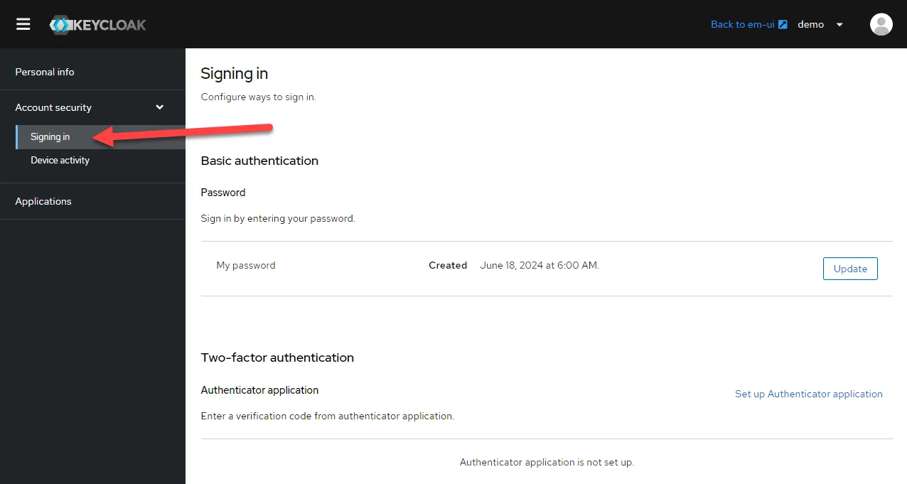 KEYCLOAK - Account security page