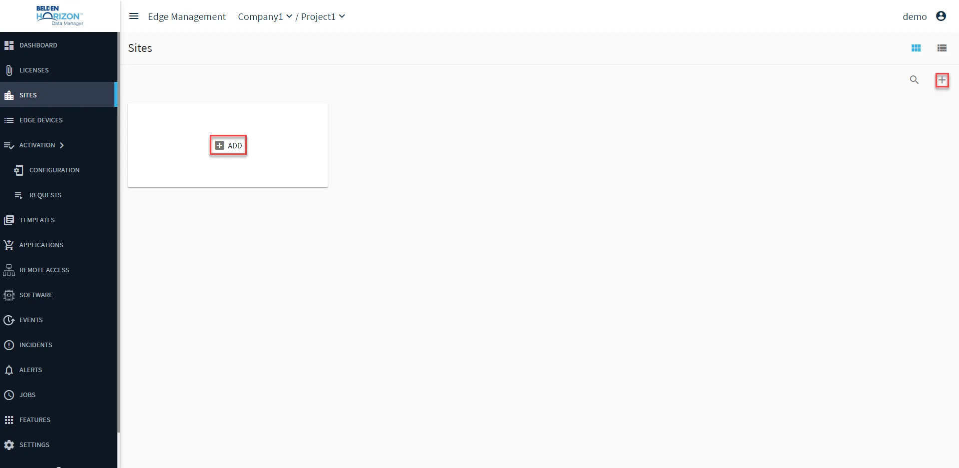 Belden Horizon Data Manager User UI: Sites: Add Licenses Belden Horizon Data Manager User UI: Sites: Add Licenses