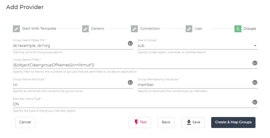 Add Provider dialog box - Groups tab Add Provider dialog box - Groups tab