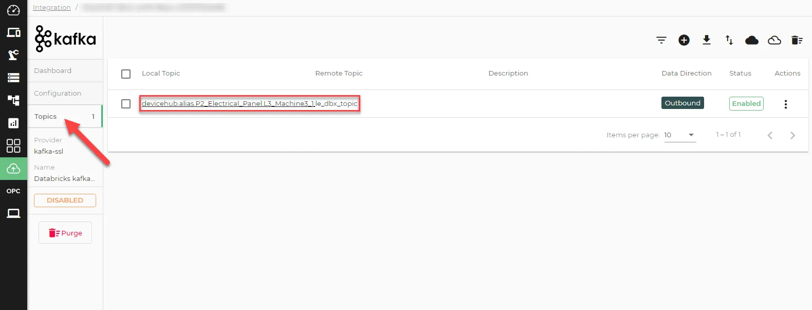 Topics tab in Kafka Connector