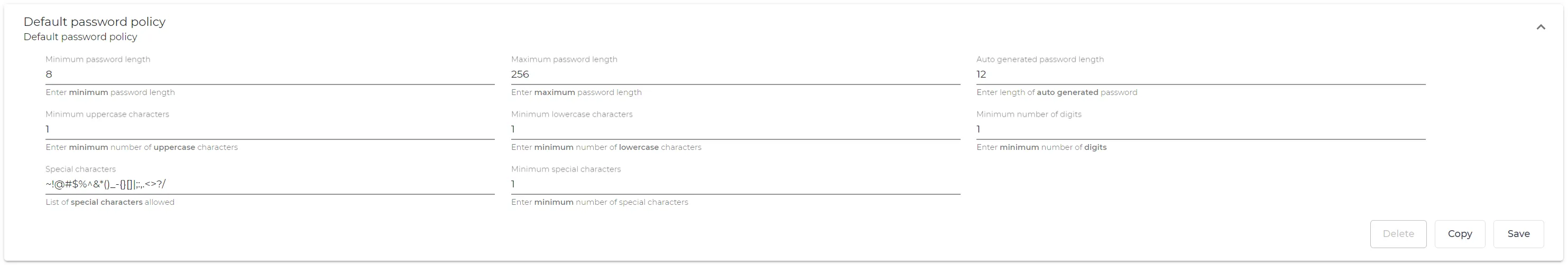 Password Policy Parameters panel