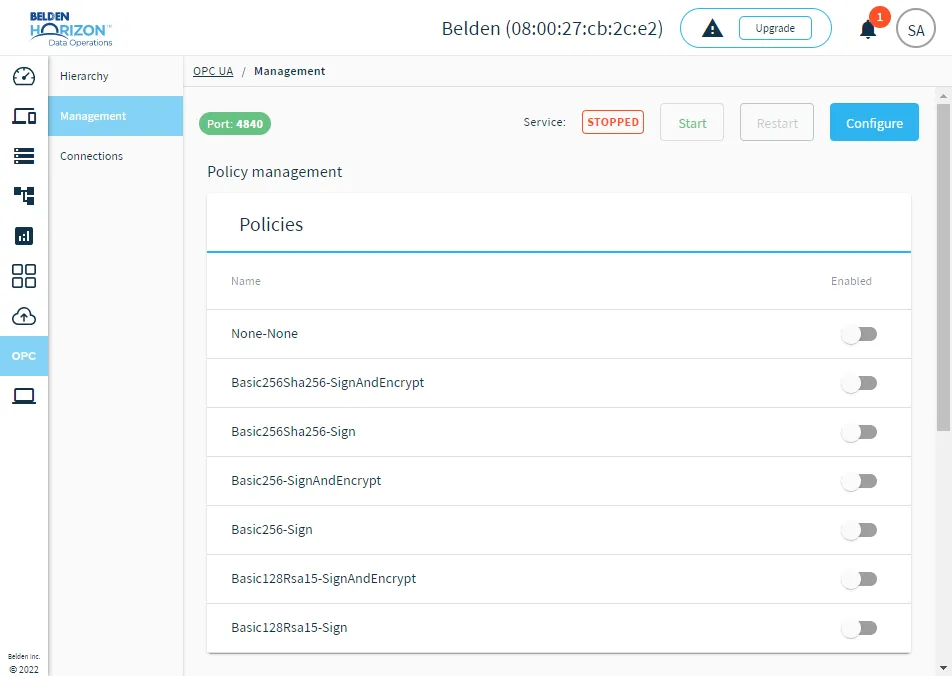 The OPC UA Management pane The OPC UA Management pane