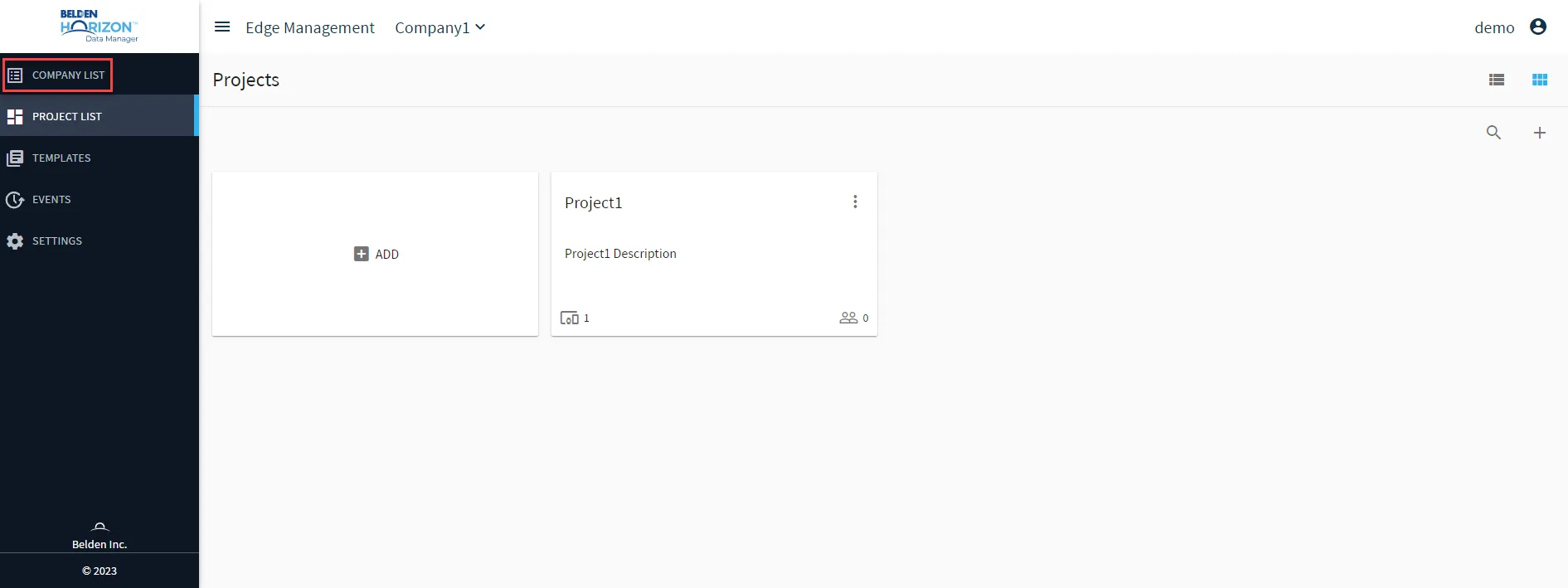 Belden Horizon Data Manager User UI : Projects List : Return to Company List