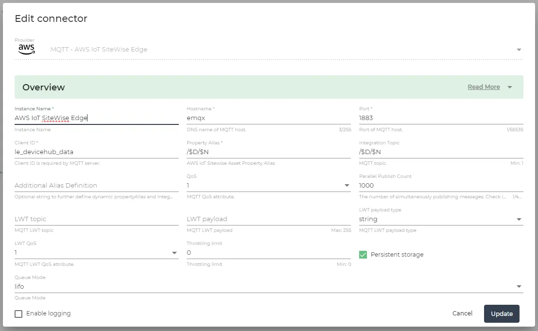 MQTT - AWS IoT SiteWise Edge dialog box