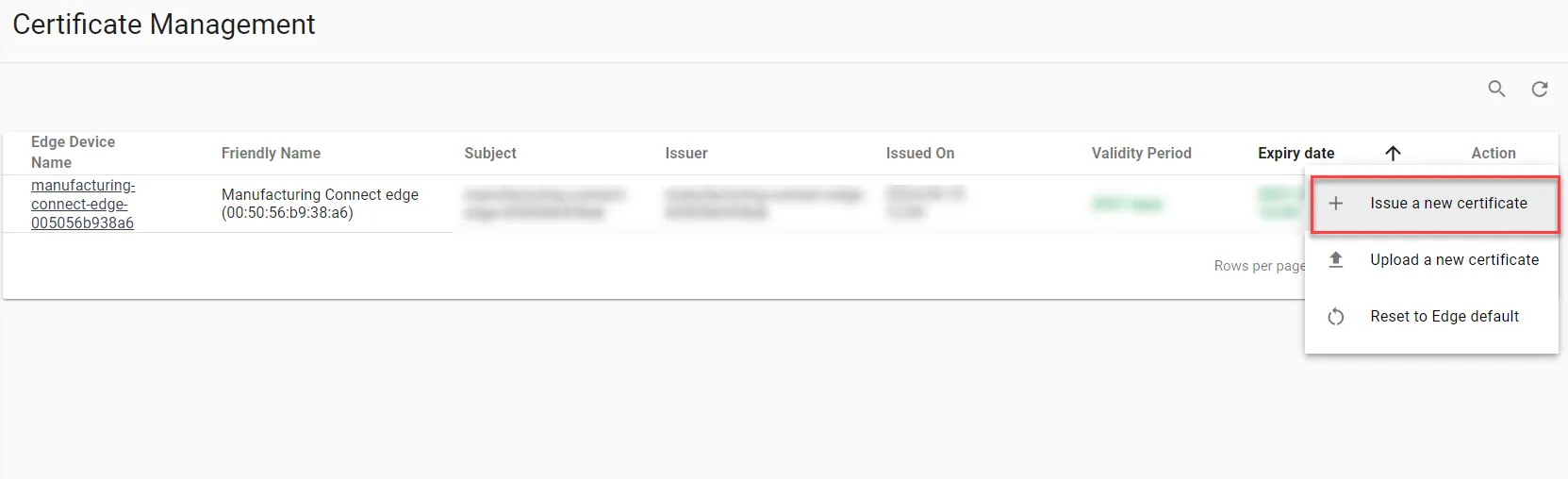 Certificates Management pane Certificates Management pane