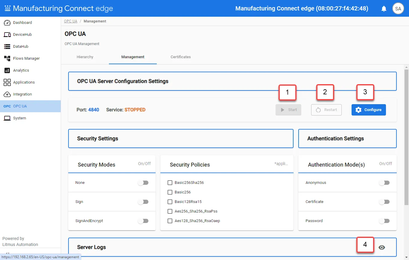 OPC UA Server management options