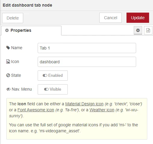 Edit dashboard tab node pane