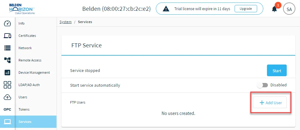 The Add User button The Add User button