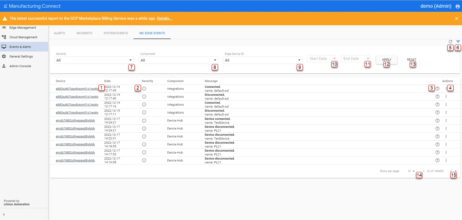 Manufacturing Connect User UI : Events & Alerts : MC Edge Events tab