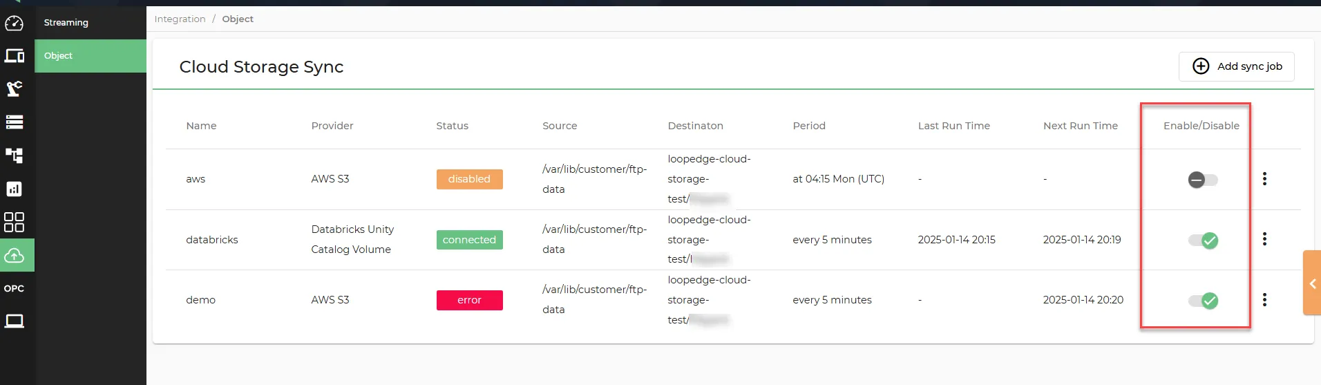 Enable/Disable sync job
