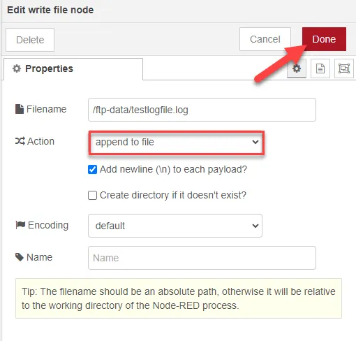 Edit write file node dialog box